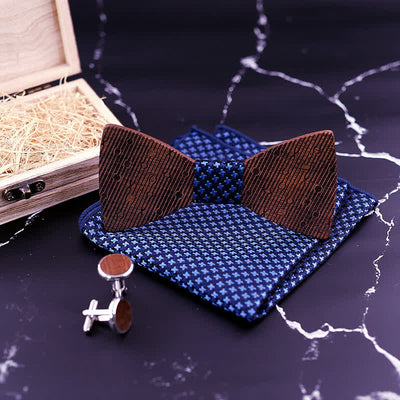 3Pcs Men's Hollow Leaves-shaped Wooden Bow Tie Set