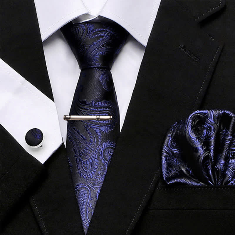 4Pcs MidnightBlue & Black Men's Paisley Necktie Set