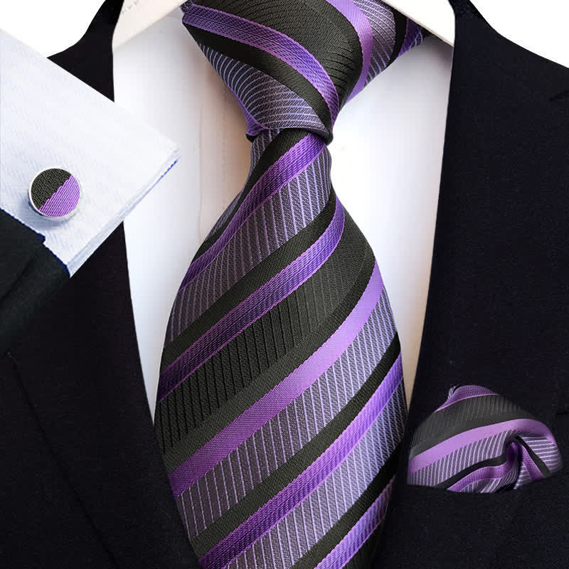 3Pcs Men's Purple & Black Striped Necktie Set