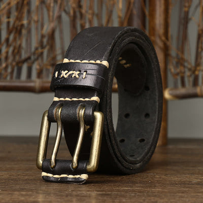 Men's Distressed Double Needle Buckle Leather Belt