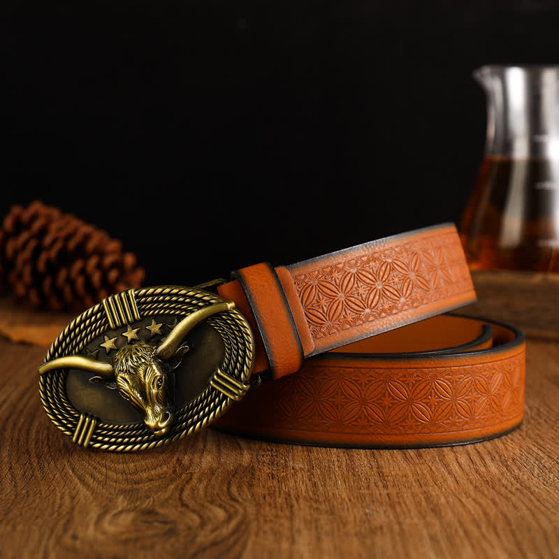 Men's Retro Five Stars Bull Head Leather Belt