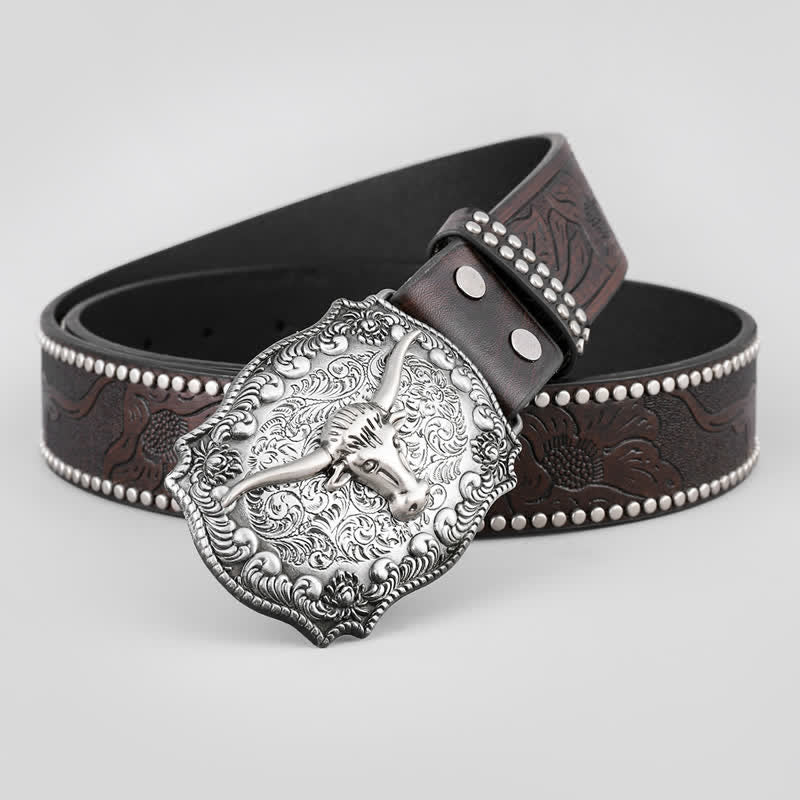 Men's Silver Engraved Bull Square Buckle Leather Belt