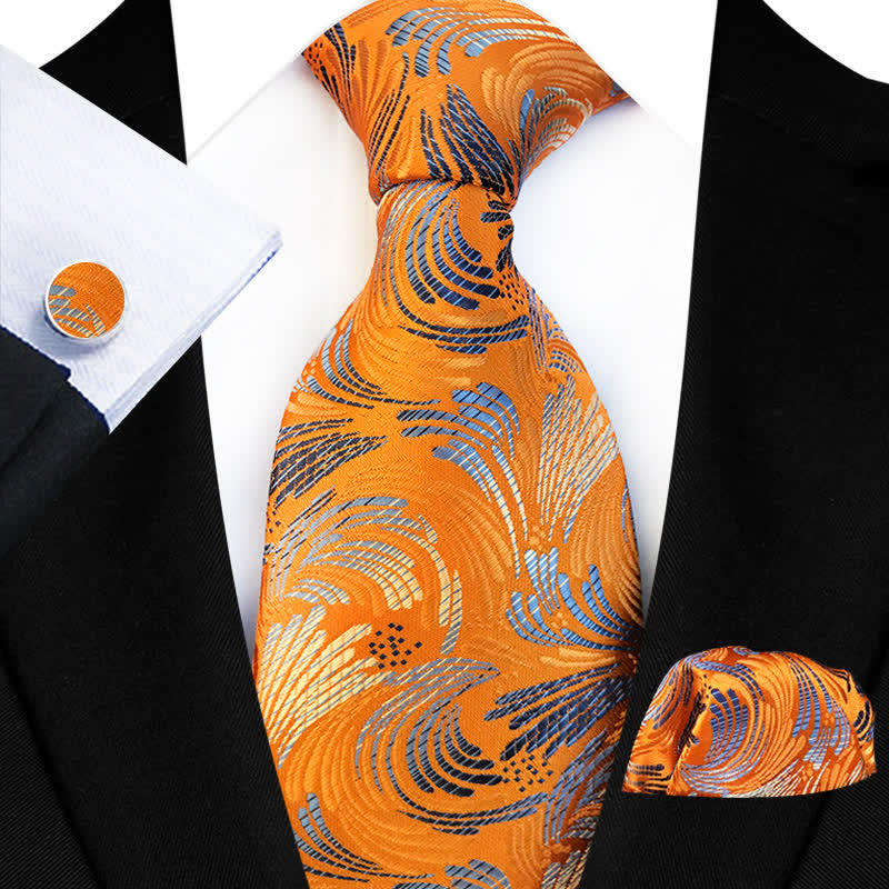 3Pcs Men's Orange & Blue Floral Necktie Set