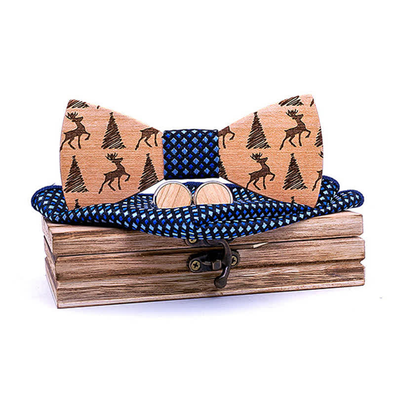 3Pcs Men's Christmas Tree Deer Pattern Wooden Bow Tie Set